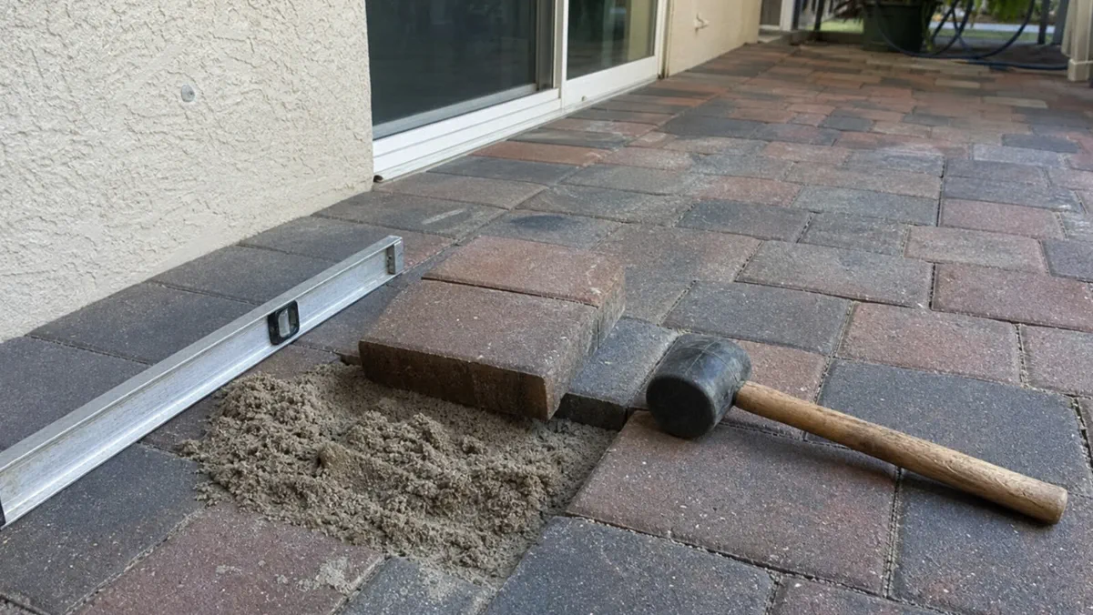 Paver edge restraint reset with bedding sand at a Lakeland home