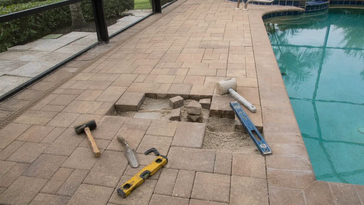 Low paver area with drainage staining before repair at a Lakeland property